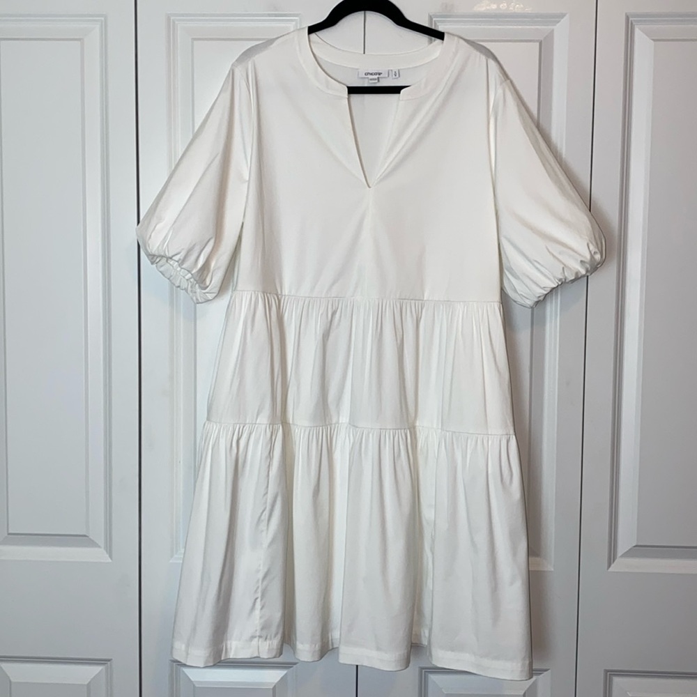 Chico’s Cotton Stretch Mini Tiered Puff Sleeve Dress Summer White Size 3